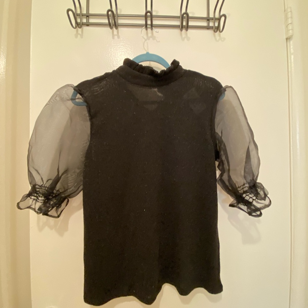 Gibson Black Blouse Puffed Sheer Sleeves Sparkly Sweater